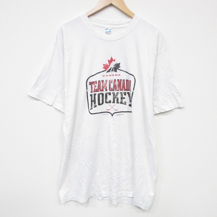 【50%OFF】XL★古着 半袖 Tシャツ メンズ アイスホッケー 大きいサイズ ロング丈 コットン クルーネック 白 ホワイト 25aug19 中古