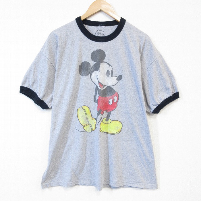XL★古着 半袖 Tシャツ メンズ ディズニー DISNEY ミッキー MICKEY MOUSE クルーネック グレー 霜降り リンガー 【spe】 25aug20 中古