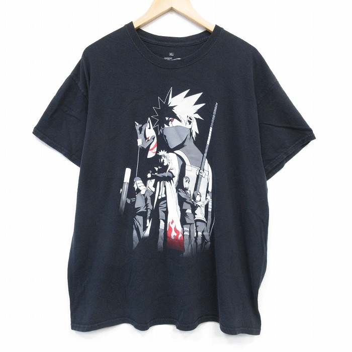 【50%OFF】XL★古着 半袖 Tシャツ メンズ アニメ ナルト疾風伝 はたけカカシ 大きいサイズ コットン クルーネック 黒 ブラック 【spe】 25aug20 中古