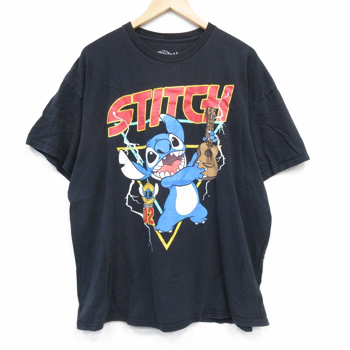 XL★古着 半袖 Tシャツ メンズ ディズニー DISNEY スティッチ 大きいサイズ コットン クルーネック 黒 ブラック 25aug20 中古