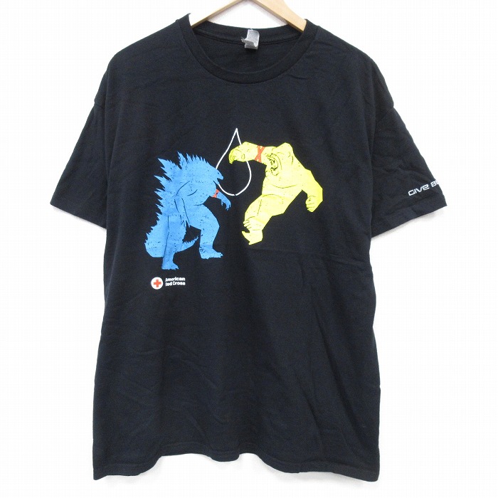 XL★古着 半袖 Tシャツ メンズ 映画 ゴジラ キングコング 大きいサイズ コットン クルーネック 黒 ブラック 25aug21 中古