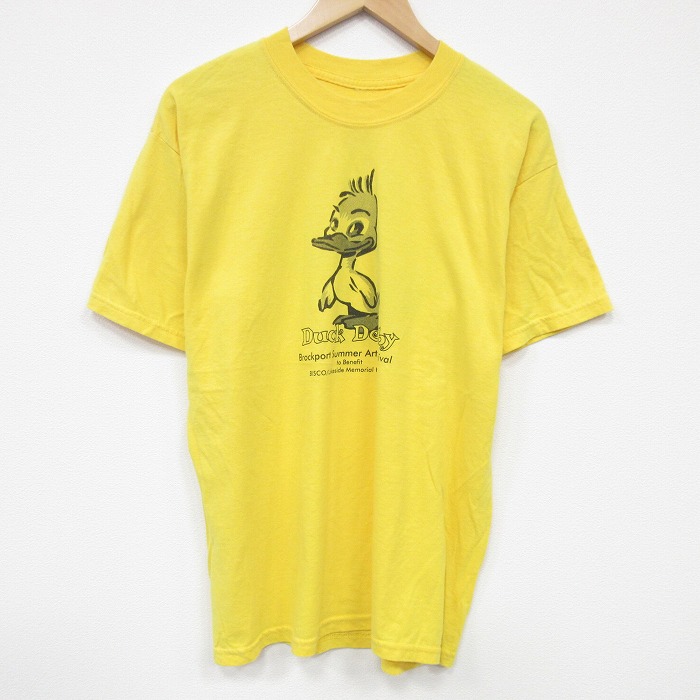 【50%OFF】L★古着 半袖 Tシャツ メンズ アヒル 企業広告 クルーネック 黄 イエロー 25aug21 中古