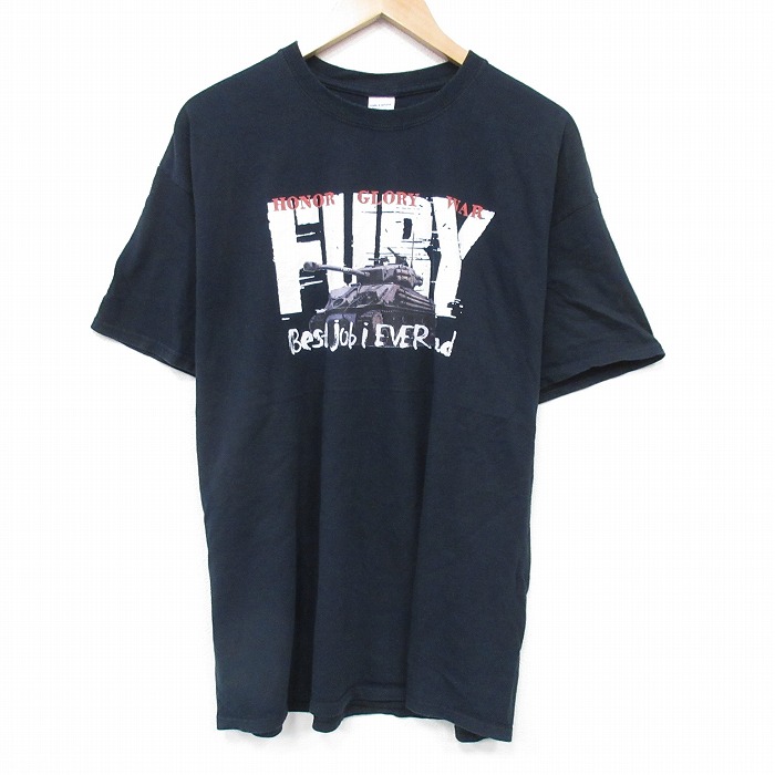 XL★古着 半袖 Tシャツ メンズ 戦車 コットン クルーネック 黒 ブラック 25aug21 中古