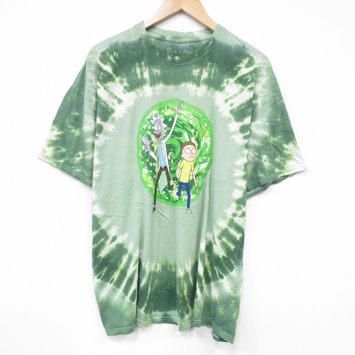 XL★古着 リップルジャンクション 半袖 Tシャツ メンズ アニメ リックアンドモーティ 大きいサイズ コットン クルーネック 緑他 グリーン タイダイ 25aug21 中古