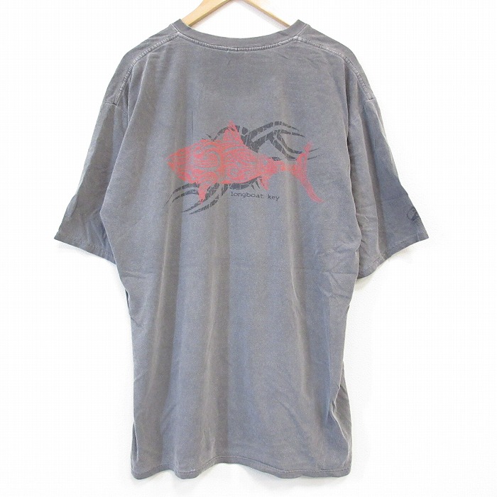 XL★古着 半袖 Tシャツ メンズ 魚 大きいサイズ コットン クルーネック 濃グレー 25aug26 中古