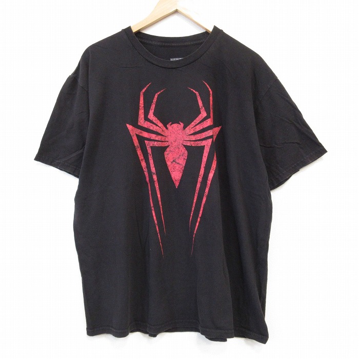 XL★古着 半袖 Tシャツ メンズ スパイダーマン 大きいサイズ コットン クルーネック 黒 ブラック 25aug26 中古