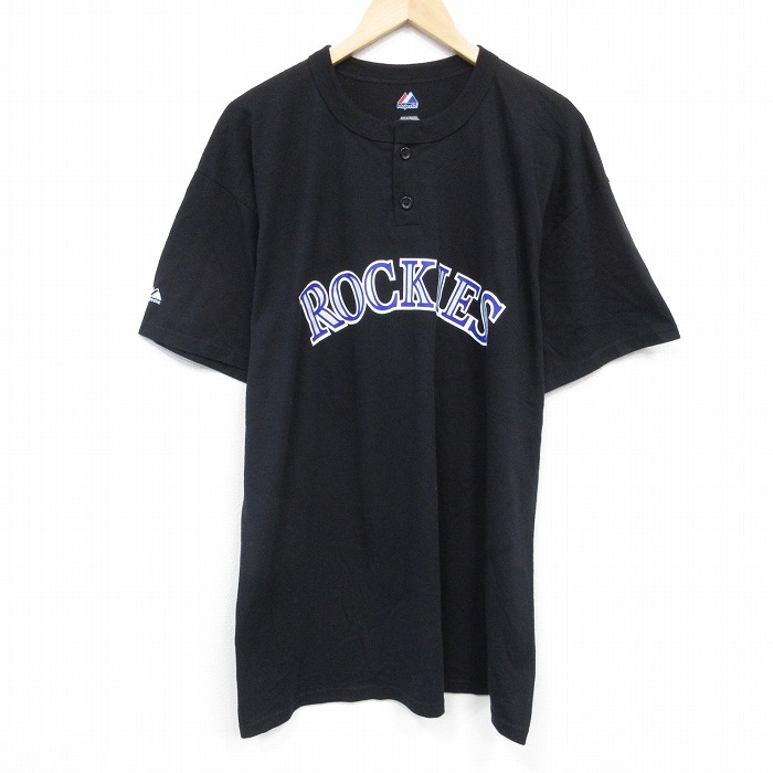 【20%OFF】XL★古着 マジェスティック 半袖 Tシャツ メンズ MLB コロラドロッキーズ 大きいサイズ ヘンリーネック 黒 ブラック メジャーリーグ ベースボール 野球 25aug22 中古