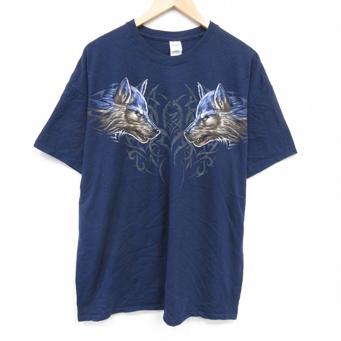 半袖Tシャツ オオカミ ネイビー XL | 古着