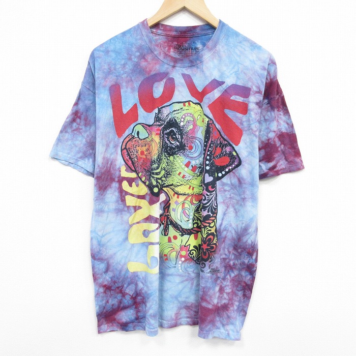 XL★古着 THE MOUNTAIN 半袖 Tシャツ メンズ 犬 大きいサイズ コットン クルーネック 水色他 タイダイ 25aug22 中古