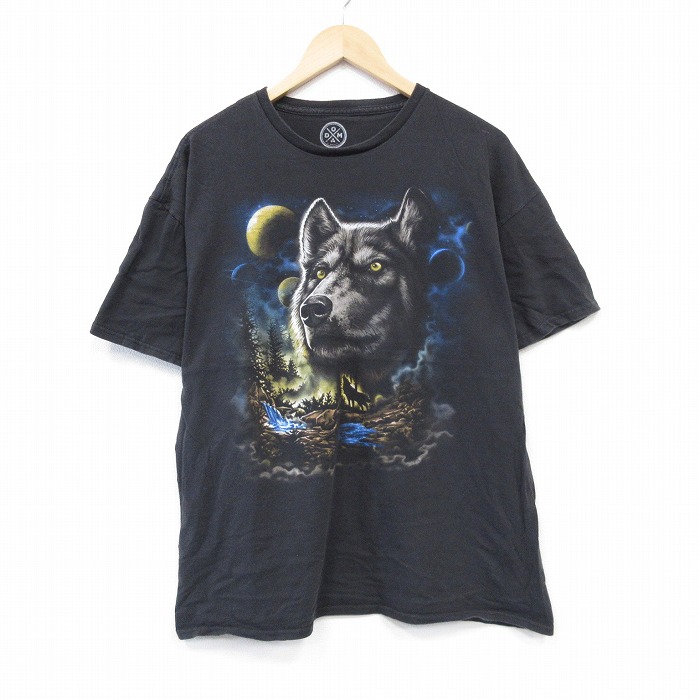 【50%OFF】XL★古着 半袖 Tシャツ メンズ オオカミ コットン クルーネック 黒 ブラック 25aug22 中古