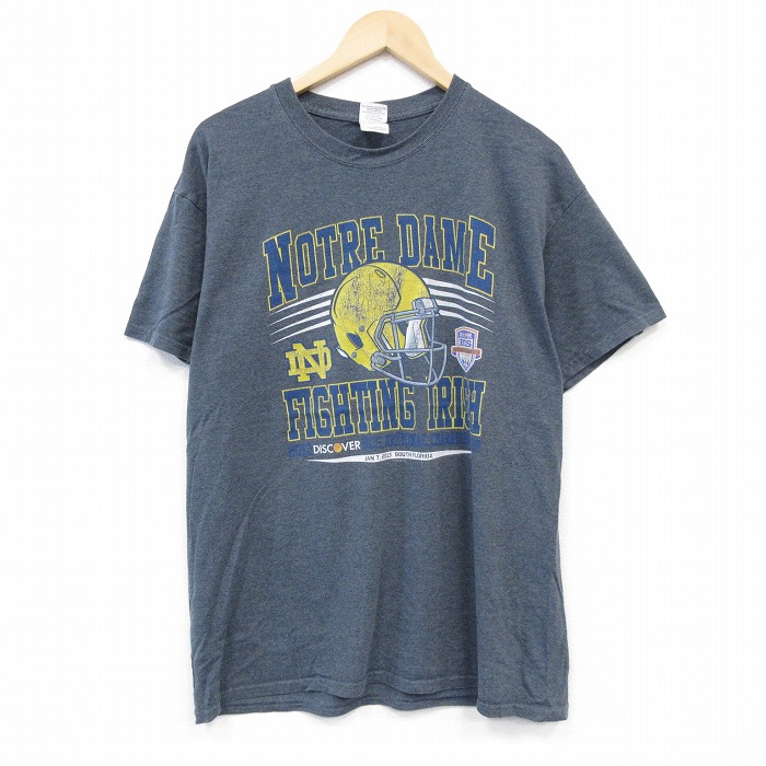 L★古着 半袖 Tシャツ メンズ ノートルダム クルーネック 紺 ネイビー 霜降り 25aug22 中古