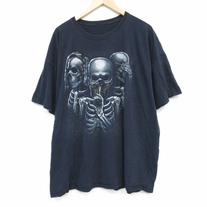 XL★古着 半袖 Tシャツ メンズ スケルトン 大きいサイズ クルーネック 黒 ブラック 25aug22 中古