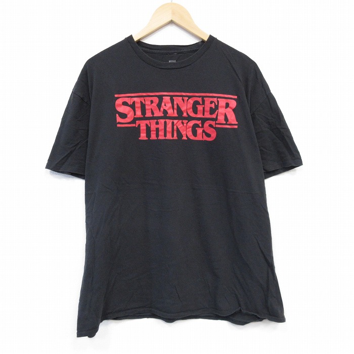 XL★古着 半袖 Tシャツ メンズ ドラマ ストレンジャーシングス 大きいサイズ コットン クルーネック 黒 ブラック 25aug22 中古