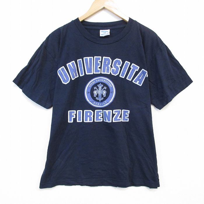 【50%OFF】XL★古着 半袖 Tシャツ メンズ FIRENZE カレッジ コットン クルーネック 紺 ネイビー 霜降り 25aug25 中古