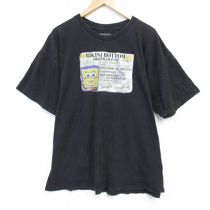 XL★古着 半袖 Tシャツ メンズ アニメ ニコロデン スポンジボブ 大きいサイズ コットン クルーネック 黒 ブラック 25aug25 中古
