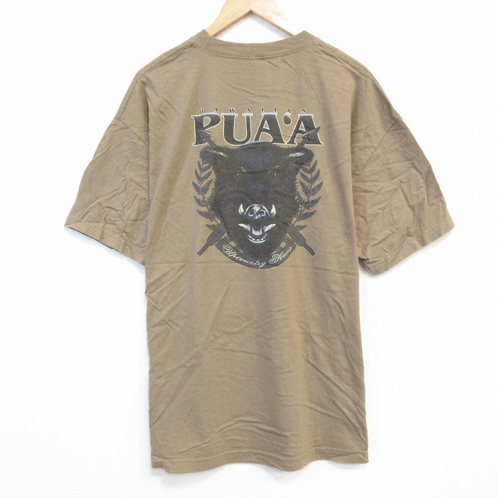 XL★古着 半袖 Tシャツ メンズ PUAA 大きいサイズ コットン クルーネック 濃ベージュ カーキ 25aug25 中古