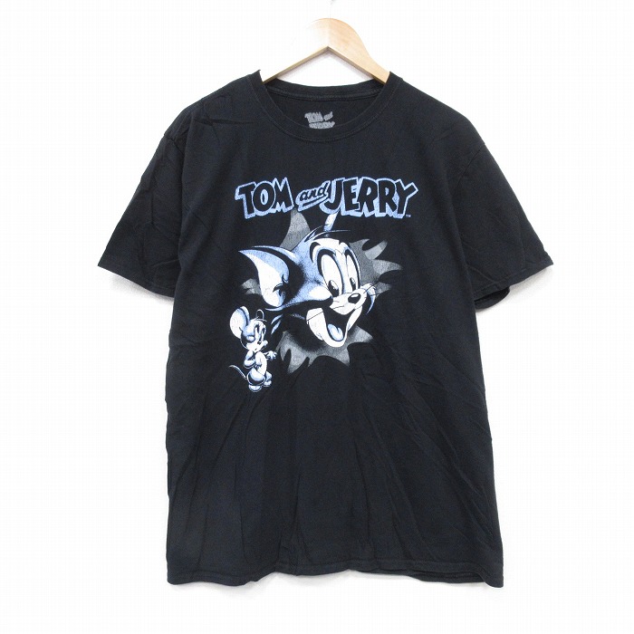 【20%OFF】L★古着 半袖 Tシャツ メンズ アニメ トムとジェリー コットン クルーネック 黒 ブラック 25aug25 中古