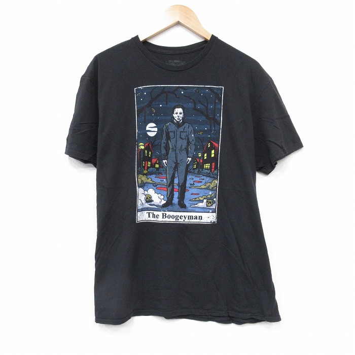 【50%OFF】XL★古着 半袖 Tシャツ メンズ ホラー映画 ハロウィン コットン クルーネック 黒 ブラック 25aug25 中古