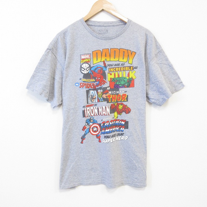 XL★古着 半袖 Tシャツ メンズ マーベル スパイダーマン ハルク クルーネック グレー 霜降り 25aug26 中古