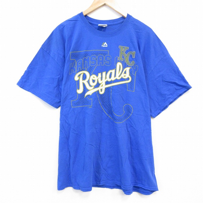 XL★古着 マジェスティック 半袖 Tシャツ メンズ MLB カンザスシティロイヤルズ 大きいサイズ コットン クルーネック 青 ブルー メジャーリーグ ベースボール 野球 25aug26 中古