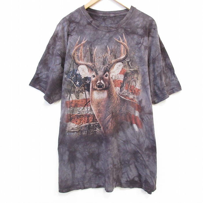 【50%OFF】XL★古着 THE MOUNTAIN 半袖 Tシャツ メンズ シカ 大きいサイズ ロング丈 コットン クルーネック 濃グレー タイダイ 25aug26 中古