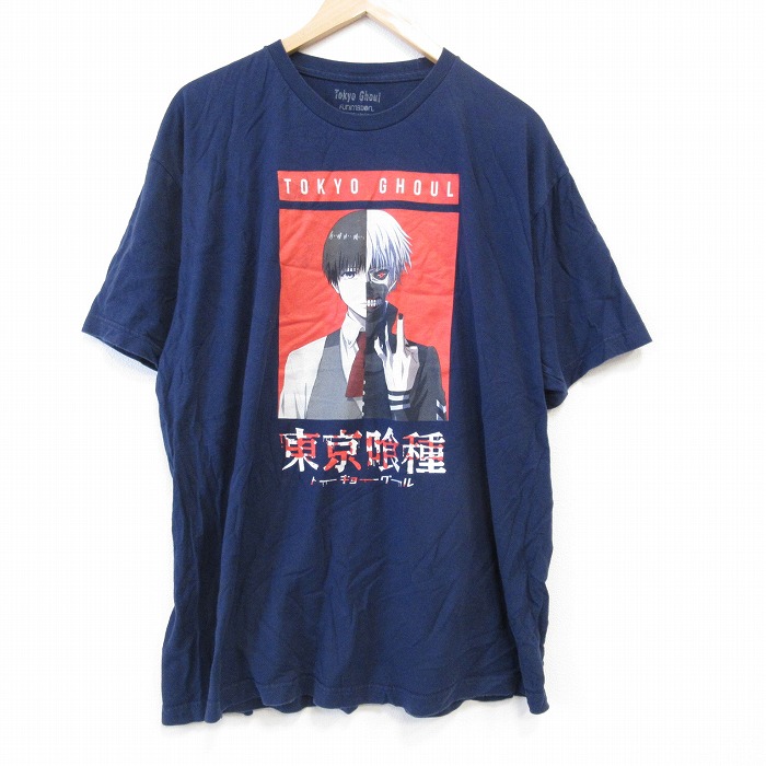 XL★古着 半袖 Tシャツ メンズ アニメ 東京喰種 トーキョーグール 大きいサイズ コットン クルーネック 紺 ネイビー 【spe】 25aug27 中古