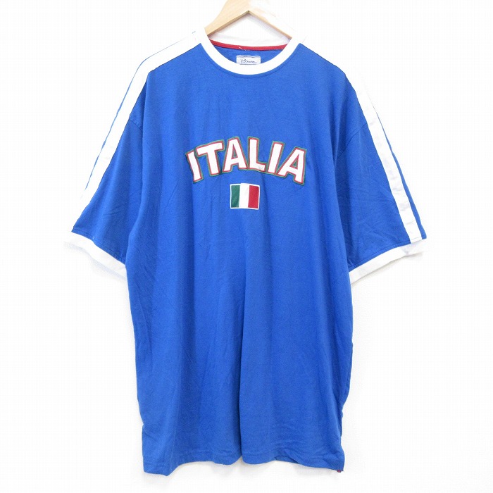 XL★古着 半袖 Tシャツ メンズ イタリア 刺繍 大きいサイズ ロング丈 コットン クルーネック 青他 ブルー 25aug27 中古