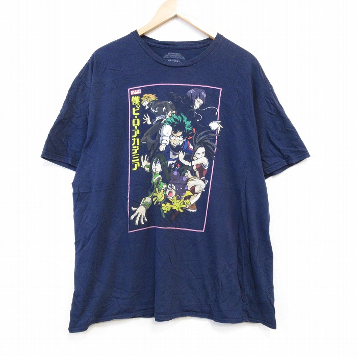【20%OFF】XL★古着 半袖 Tシャツ メンズ アニメ 僕のヒーローアカデミア 大きいサイズ コットン クルーネック 紺 ネイビー 25aug27 中古