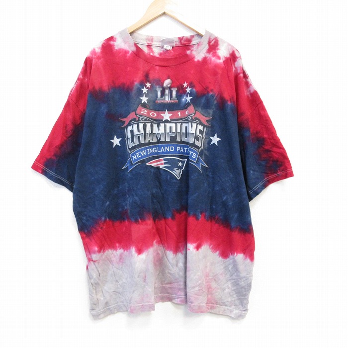 【50%OFF】XL★古着 マジェスティック 半袖 Tシャツ メンズ NFL ニューイングランドペイトリオッツ 大きいサイズ コットン クルーネック 紺他 ネイビー タイダイ アメフト スーパーボウル 25aug27 中古