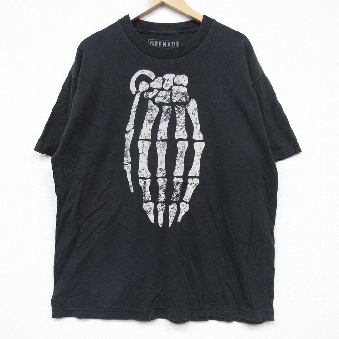 XL★古着 半袖 Tシャツ メンズ 骨 コットン クルーネック 黒 ブラック 25aug27 中古