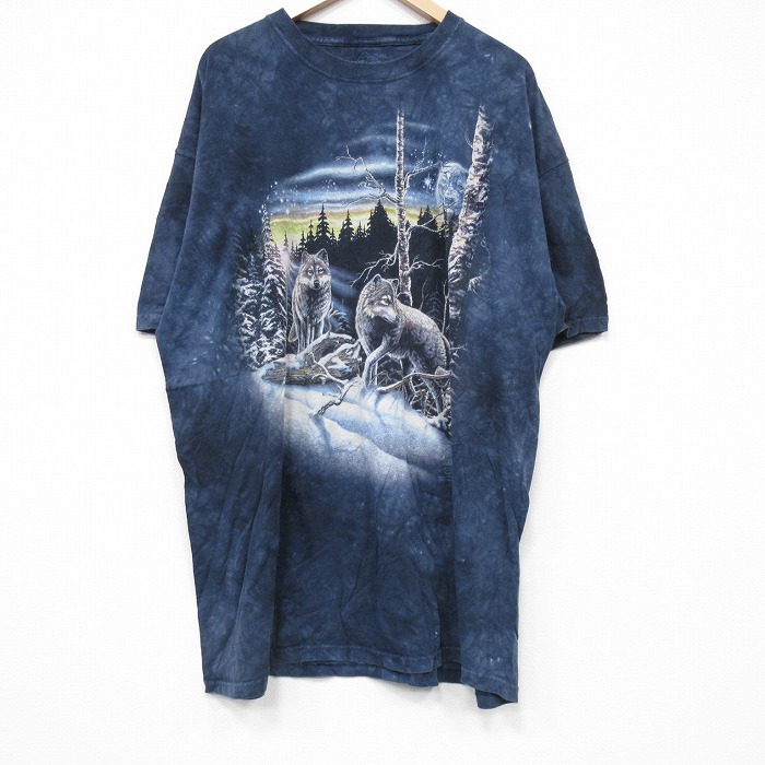 XL★古着 THE MOUNTAIN 半袖 Tシャツ メンズ オオカミ 大きいサイズ ロング丈 コットン クルーネック 紺他 ネイビー タイダイ 【spe】 25aug27 中古