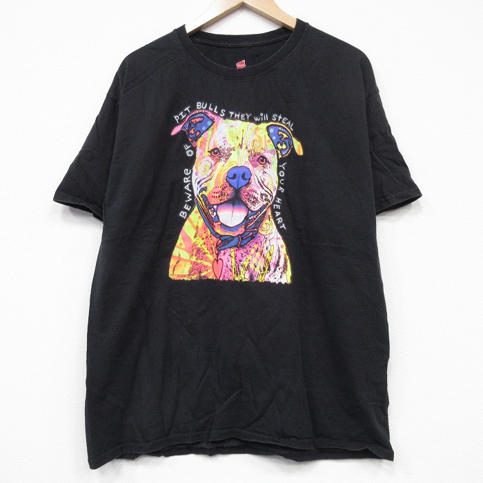XL★古着 ヘインズ Hanes 半袖 Tシャツ メンズ 犬 コットン クルーネック 黒 ブラック 25aug27 中古