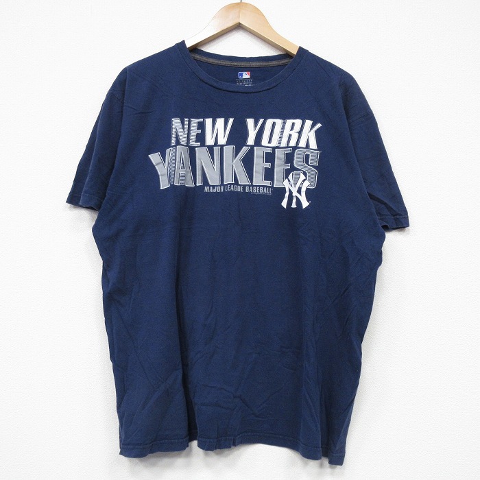 【20%OFF】L★古着 半袖 Tシャツ メンズ MLB ニューヨークヤンキース コットン クルーネック 紺 ネイビー メジャーリーグ ベースボール 野球 25aug27 中古