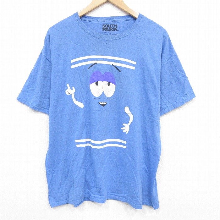 【50%OFF】XL★古着 半袖 Tシャツ メンズ アニメ サウスパーク 大きいサイズ コットン クルーネック 水色 25aug28 中古