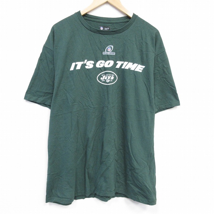 【50%OFF】XL★古着 半袖 Tシャツ メンズ NFL ニューヨークジェッツ 大きいサイズ コットン クルーネック 濃緑 グリーン アメフト スーパーボウル 25aug28 中古