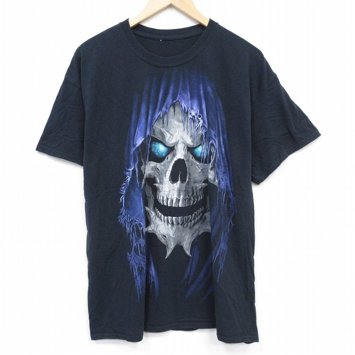 XL★古着 半袖 Tシャツ メンズ スカル 大きいサイズ クルーネック 黒 ブラック 25aug29 中古