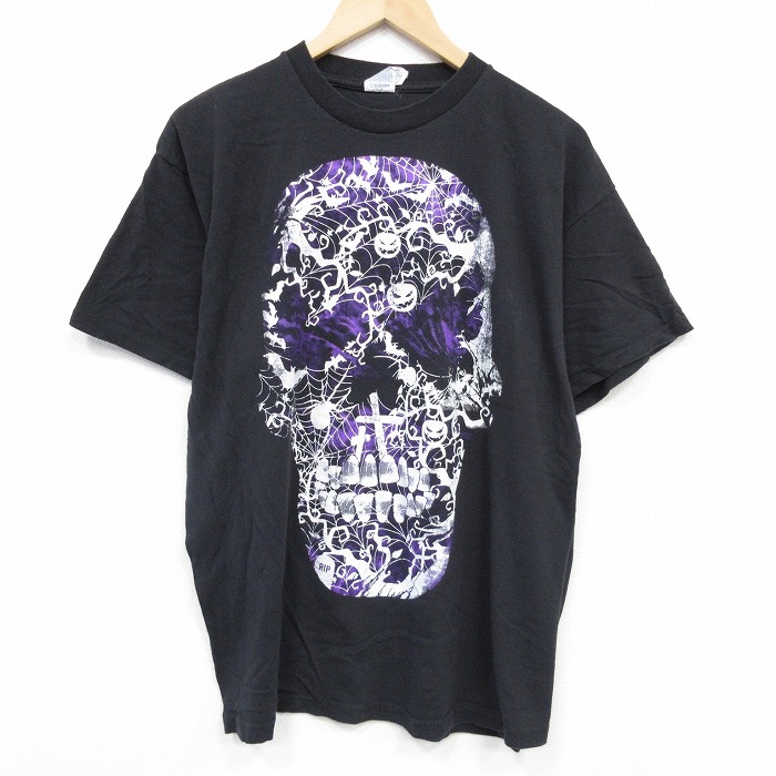 【50%OFF】XL★古着 モッシモ 半袖 Tシャツ メンズ スカル コットン クルーネック 黒 ブラック 25aug29 中古