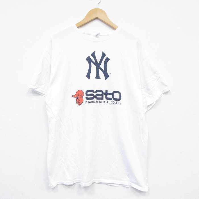 XL★古着 半袖 Tシャツ メンズ MLB ニューヨークヤンキース 佐藤製薬 コットン クルーネック 白 ホワイト メジャーリーグ ベースボール 野球 25aug29 中古