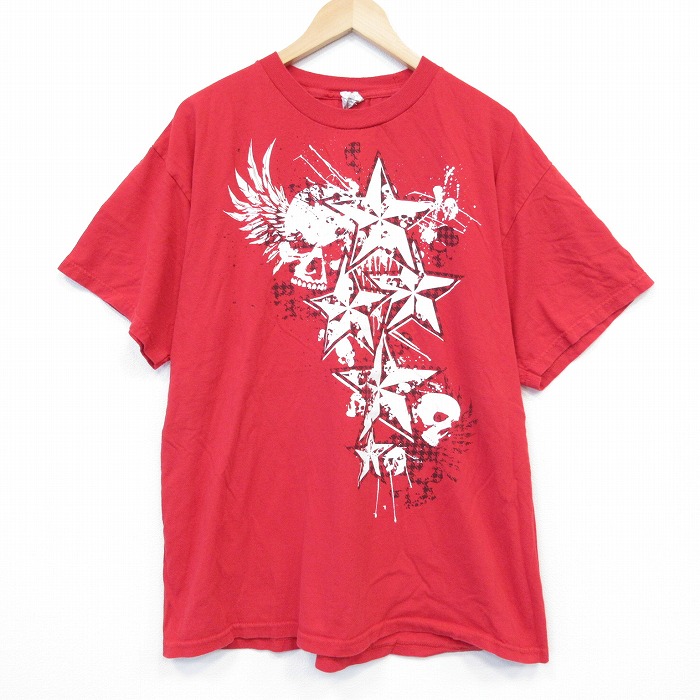 【50%OFF】XL★古着 半袖 Tシャツ メンズ スカルウィング 大きいサイズ コットン クルーネック 赤 レッド 25aug29 中古