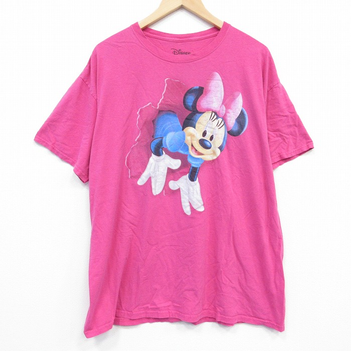 XL★古着 半袖 Tシャツ メンズ ディズニー DISNEY ミニー 両面プリント コットン クルーネック 濃ピンク 25aug29 中古