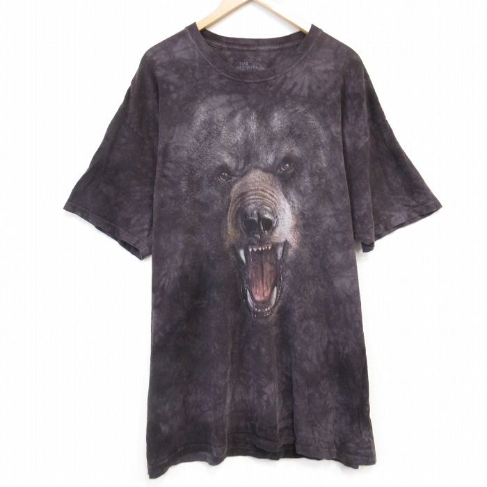 XL★古着 THE MOUNTAIN 半袖 Tシャツ メンズ クマ 大きいサイズ ロング丈 コットン クルーネック 濃グレー タイダイ 25aug30 中古