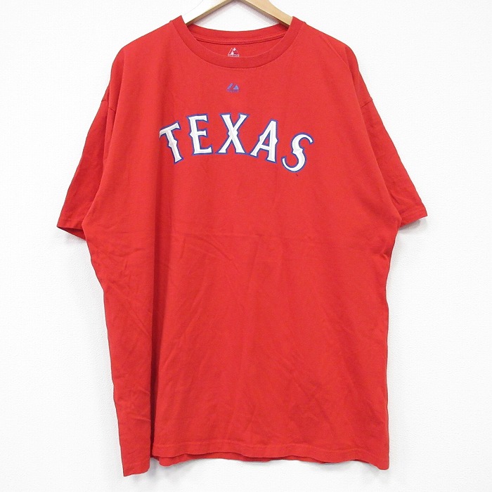 XL★古着 マジェスティック 半袖 Tシャツ メンズ MLB テキサスレンジャース CJウィルソン 36 大きいサイズ コットン クルーネック 赤 レッド メジャーリーグ ベースボール 野球 25sep08 中古