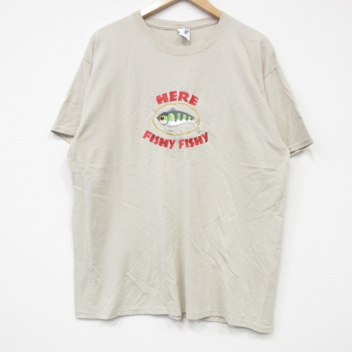L★古着 ジャージーズ 半袖 Tシャツ メンズ ルアー 刺繍 クルーネック ベージュ カーキ 25sep08 中古