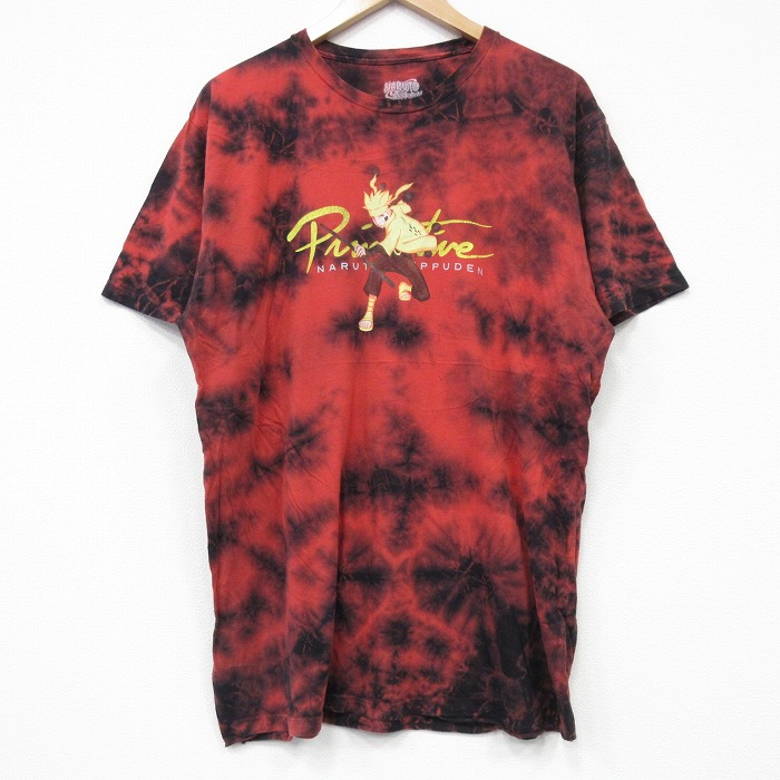 【20%OFF】L★古着 半袖 Tシャツ メンズ アニメ ナルト疾風伝 うずまきナルト コットン クルーネック 赤他 レッド タイダイ 25sep08 中古