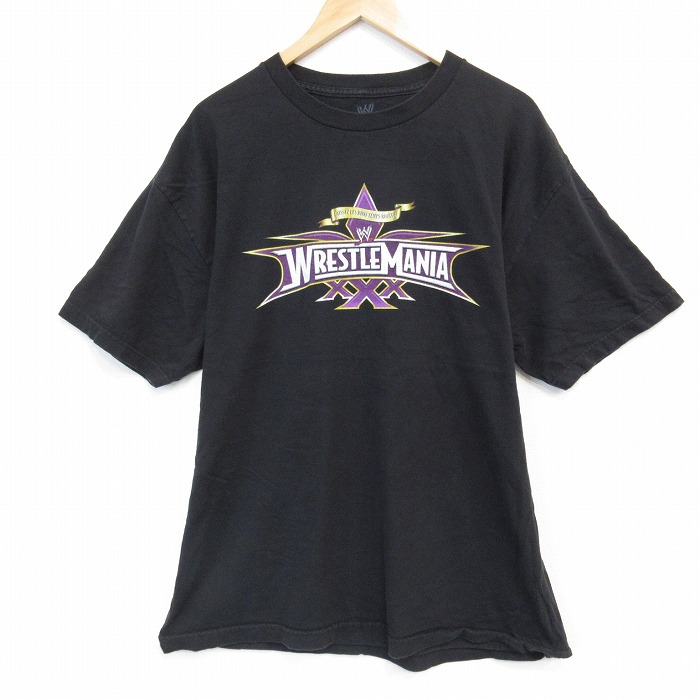 XL★古着 半袖 Tシャツ メンズ ワールドプロレスリング レッスルマニア コットン クルーネック 黒 ブラック 25sep08 中古