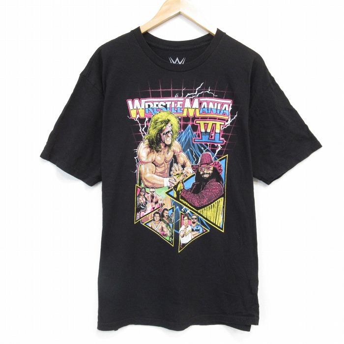 XL★古着 半袖 Tシャツ メンズ ワールドプロレスリング レッスルマニア コットン クルーネック 黒 ブラック 25sep08 中古