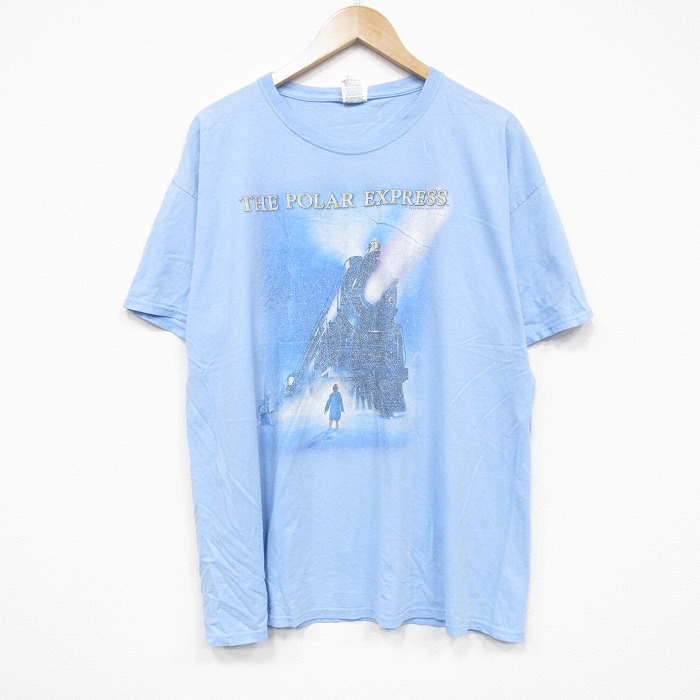 XL★古着 フルーツオブザルーム 半袖 Tシャツ メンズ 映画 ポーラーエクスプレス コットン クルーネック 水色 25sep20 中古