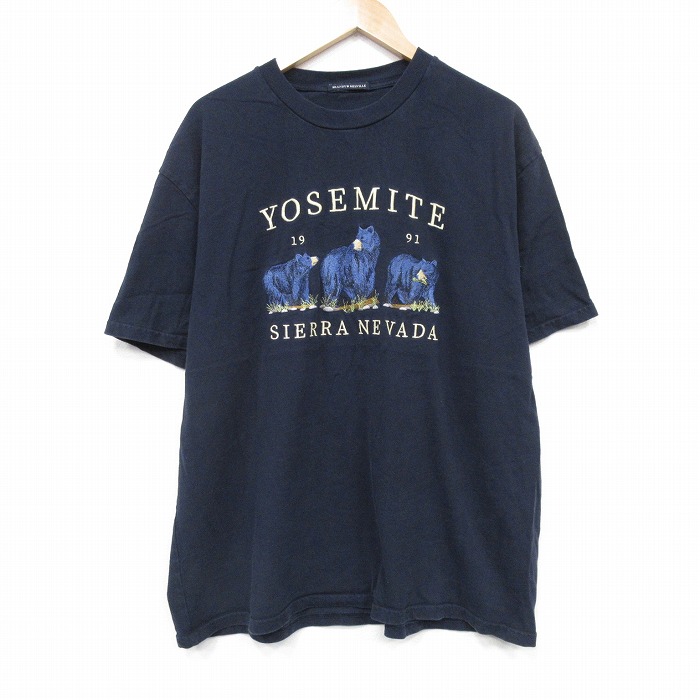 【20%OFF】XL★古着 半袖 Tシャツ メンズ ヨセミテ クマ 刺繍 大きいサイズ クルーネック 薄紺 ネイビー 25sep20 中古