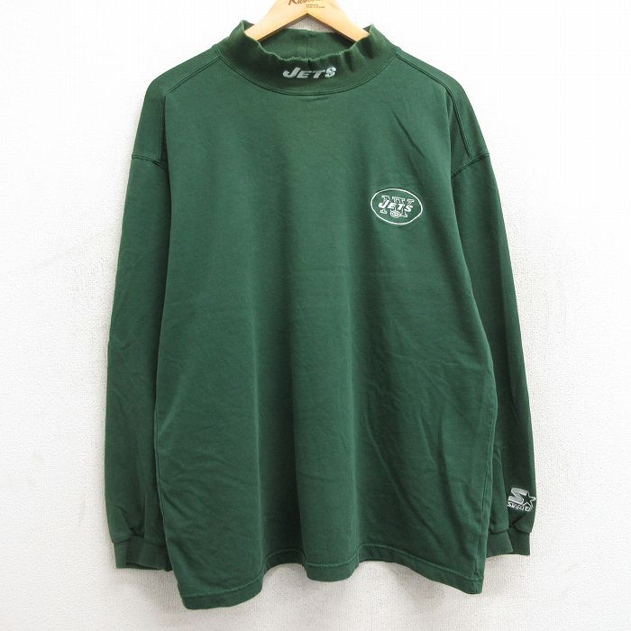 【50%OFF】XL★古着 スターター STARTER 長袖 ビンテージ Tシャツ メンズ 90年代 90s NFL ニューヨークジェッツ コットン ハイネック モックネック 緑 グリーン アメフト スーパーボウル 23dec23 中古
