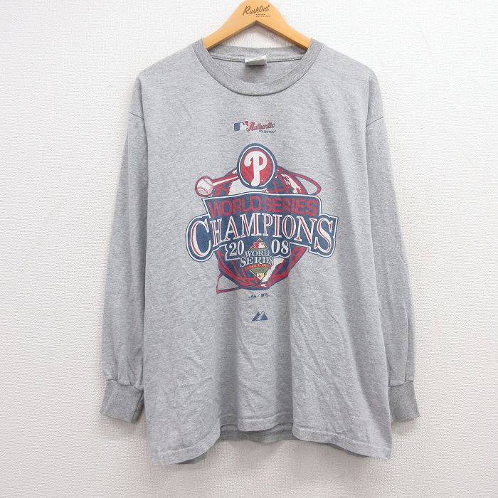 【50%OFF】XL★古着 マジェスティック 長袖 ビンテージ Tシャツ メンズ 00年代 00s MLB フィラデルフィアフィリーズ クルーネック グレー 霜降り 大きいサイズ 24feb13 中古